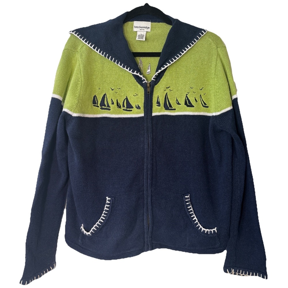 Breckenridge Women's Full Zip Sweater Navy & Green Sailboats Size Petite Large